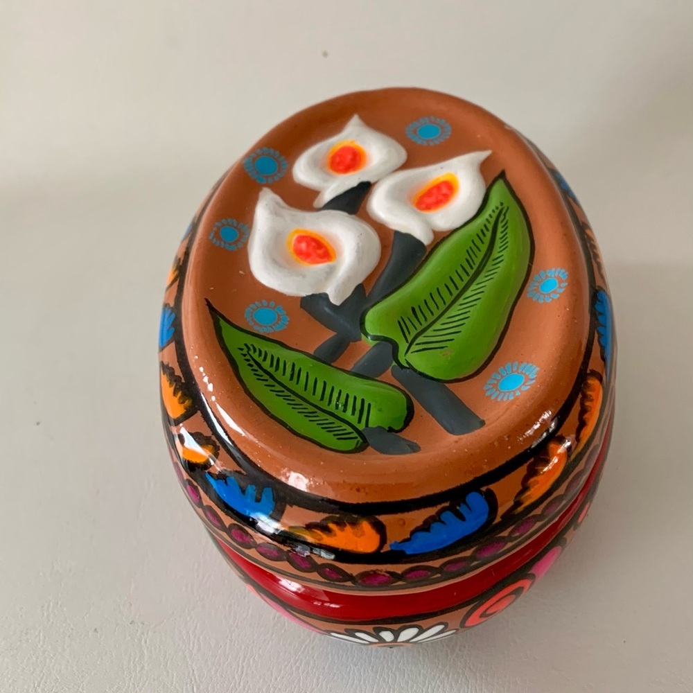 HAND PAINTED MEXICAN RED CLAY POTTERY FOLK ART OBLONG BOX CALLA LILY